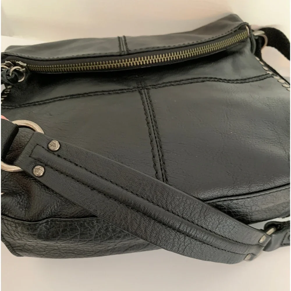 The Sak Silverlake Crossbody Purse / Black Studded Leather Moto Bag w Fringe Zip
